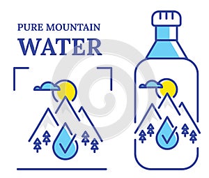 Bottle of water label template with mountains and water drop. Pure mountain water symbol vector illustration