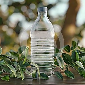 Bottle with water on nature background close-up and copy space. Problems of plastic pollution and ecology