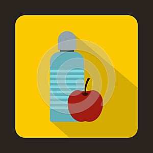 Bottle of water and red apple icon, flat style