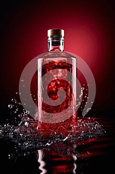 Bottle of water or spirits distillate on red background. photo