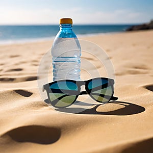 Bottle of water and sunglasses on the beach near the ocean. Generative AI