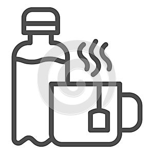 Bottle of water and tea line icon, Coworking concept, office drinks sign on white background, Water bottle and cup with