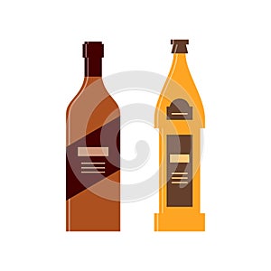 Bottle of whiskey and beer. Great design for any purposes. Icon bottle with cap and label. Flat style. Color form. Party drink