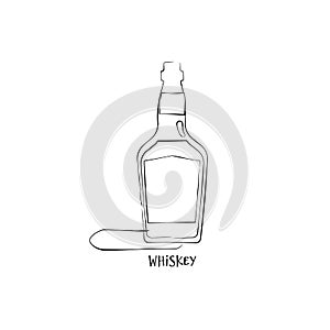 Bottle whiskey in hand drawn style. Restaurant illustration for celebration design. Retro sketch. Line art. Design element.