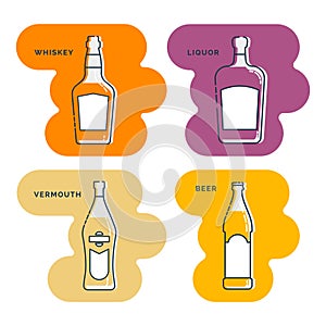 Bottle whiskey liquor vermouth beer line art in flat style. Restaurant alcoholic illustration for celebration design. Art contour