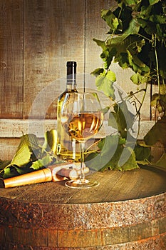 Bottle of white wine with glass on barrel