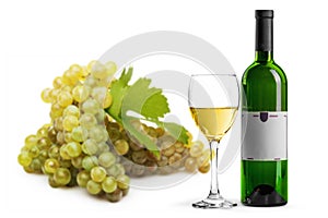 Bottle of white wine, glass and grapes on white