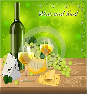 Bottle of white wine with glasses, a bunch of grapes