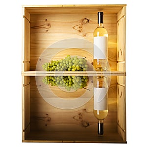 A bottle of white wine and grapes in a wooden box  with reflection in surface