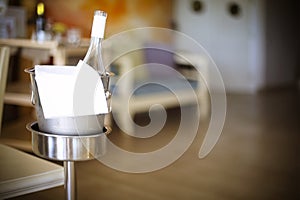 Bottle of white wine in ice bucket