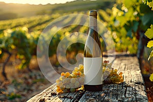 A bottle of white wine is sitting on a vineyard with grapes