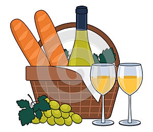 Bottle of white wine, wine in glasses, baguettes, grapes and a picnic basket. With an outline.
