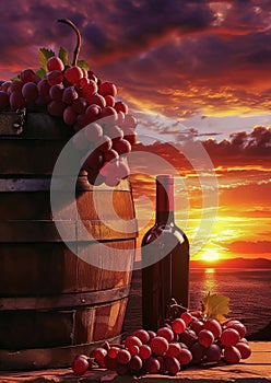 Bottle of white wine beside wooden barrel, grapes against vineyard sunset