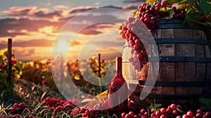 Bottle of white wine beside wooden barrel, grapes against vineyard sunset