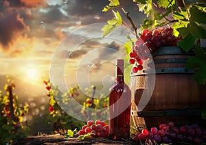 Bottle of white wine beside wooden barrel, grapes against vineyard sunset