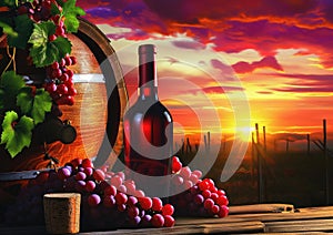 Bottle of white wine beside wooden barrel, grapes against vineyard sunset