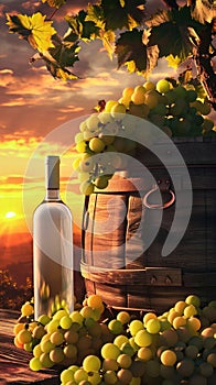 Bottle of white wine beside wooden barrel, grapes against vineyard sunset