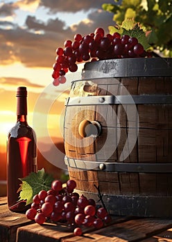 Bottle of white wine beside wooden barrel, grapes against vineyard sunset