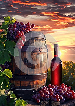 Bottle of white wine beside wooden barrel, grapes against vineyard sunset