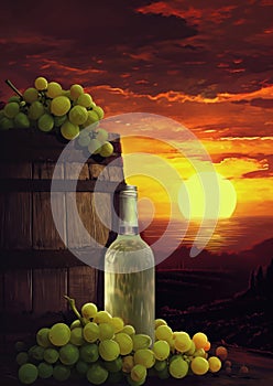 Bottle of white wine beside wooden barrel, grapes against vineyard sunset