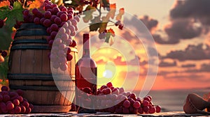 Bottle of white wine beside wooden barrel, grapes against vineyard sunset