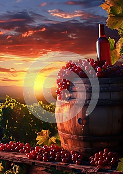 Bottle of white wine beside wooden barrel, grapes against vineyard sunset