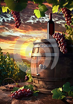 Bottle of white wine beside wooden barrel, grapes against vineyard sunset