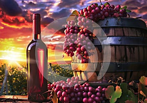 Bottle of white wine beside wooden barrel, grapes against vineyard sunset