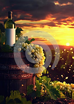 Bottle of white wine beside wooden barrel, grapes against vineyard sunset