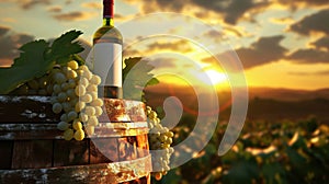 Bottle of white wine beside wooden barrel, grapes against vineyard sunset