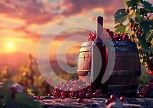 Bottle of white wine beside wooden barrel, grapes against vineyard sunset