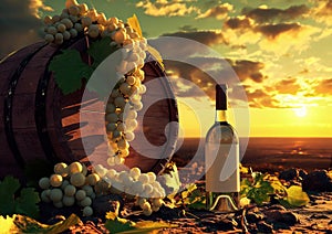 Bottle of white wine beside wooden barrel, grapes against vineyard sunset