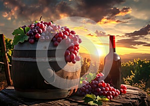 Bottle of white wine beside wooden barrel, grapes against vineyard sunset