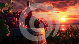 Bottle of white wine beside wooden barrel, grapes against vineyard sunset