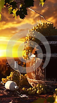 Bottle of white wine beside wooden barrel, grapes against vineyard sunset