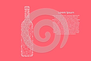 Bottle of wine from abstract futuristic polygonal white lines and dots on pink rose color coral background for banner, poster, photo