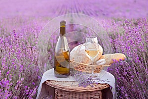 Bottle of wine against lavender