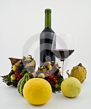 Bottle of wine with autumn fruit