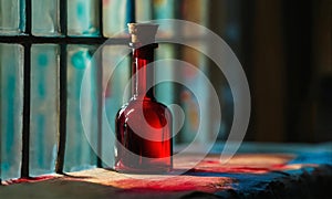 bottle of wine. Background light effect casuistry from colored glass