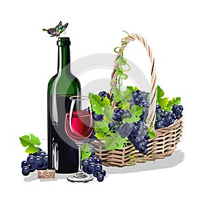 A bottle of wine and a basket of grapes