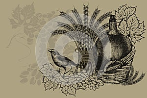 Bottle of wine in a basket and wheat, sitting bird with grapes. Vintage background, vector illustration