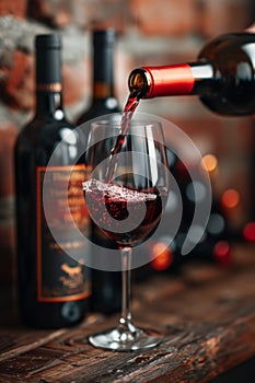 A bottle of wine being poured into a glass on the table, AI