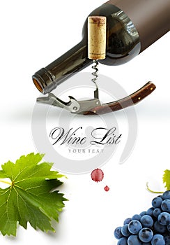 Bottle of wine with corkscrew and bunch of grapes on a white background. Panoramic top view with space for text