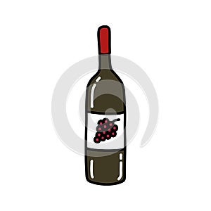 bottle of wine doodle icon, vector color line illustration