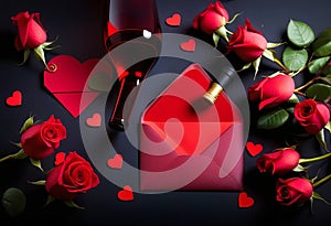 Bottle of wine, envelope, hearts and roses on dark background. Valentine\'s Day celebration