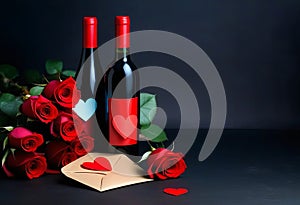 Bottle of wine, envelope, hearts and roses on dark background. Valentine\'s Day celebration