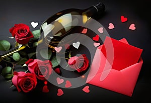 Bottle of wine, envelope, hearts and roses on dark background. Valentine\'s Day celebration