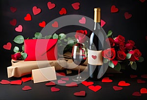 Bottle of wine, envelope, hearts and roses on dark background. Valentine\'s Day celebration