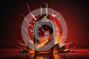 Bottle of wine with fire and splashes on red background. generative ai