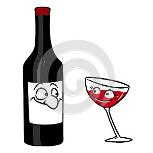 Bottle wine flirt glass character cartoon illustration